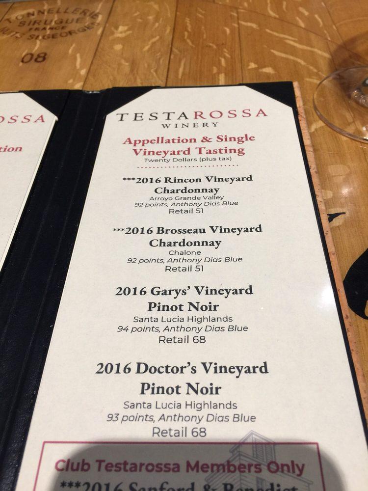Menu at Testarossa Winery restaurant, Los Gatos
