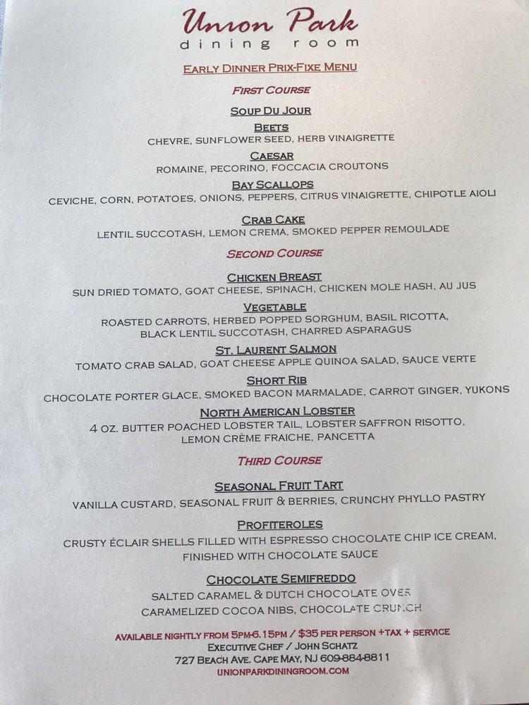 Menu at Union Park Dining Room steakhouse, Cape May