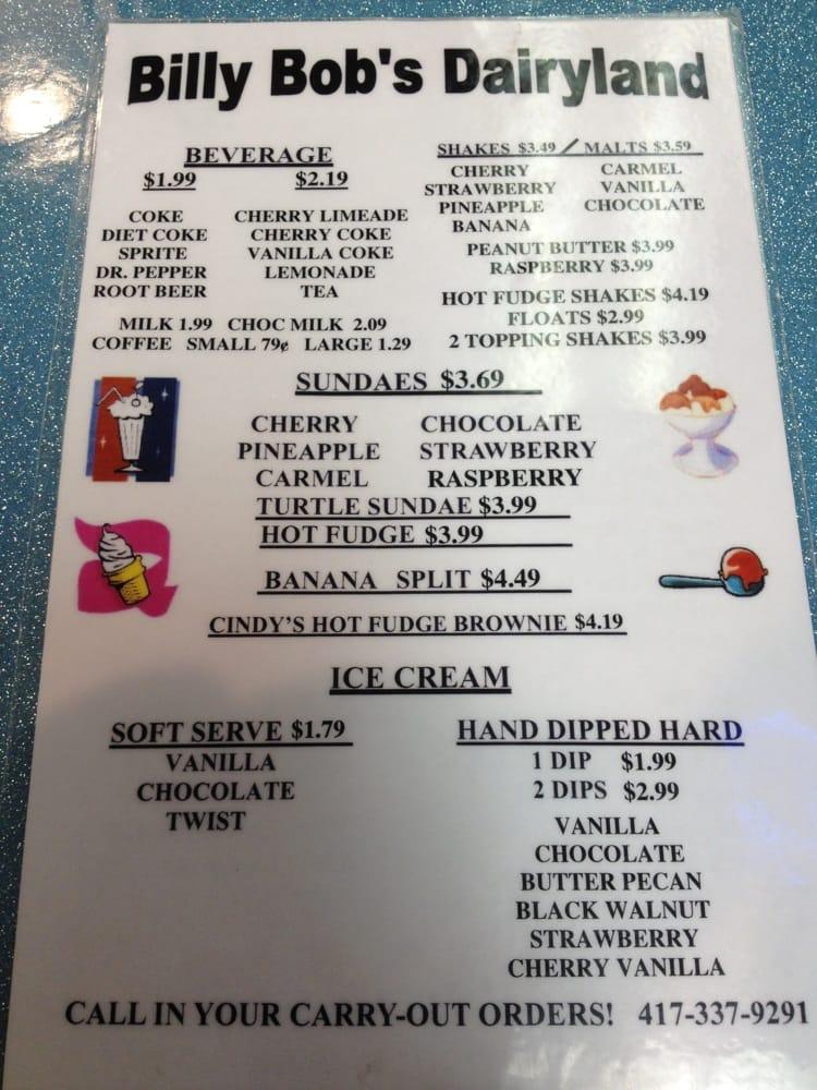 Menu at Billy Bob's Dairy Land restaurant, Branson, W 76 Country Blvd