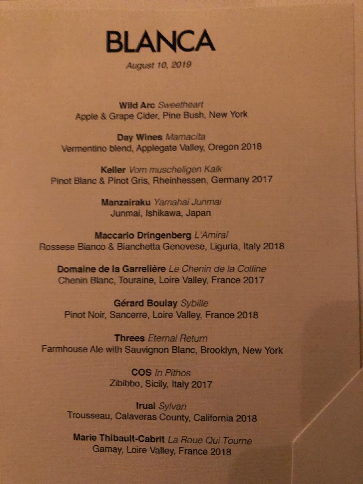 Menu at Blanca restaurant, New York City, 261 Moore St