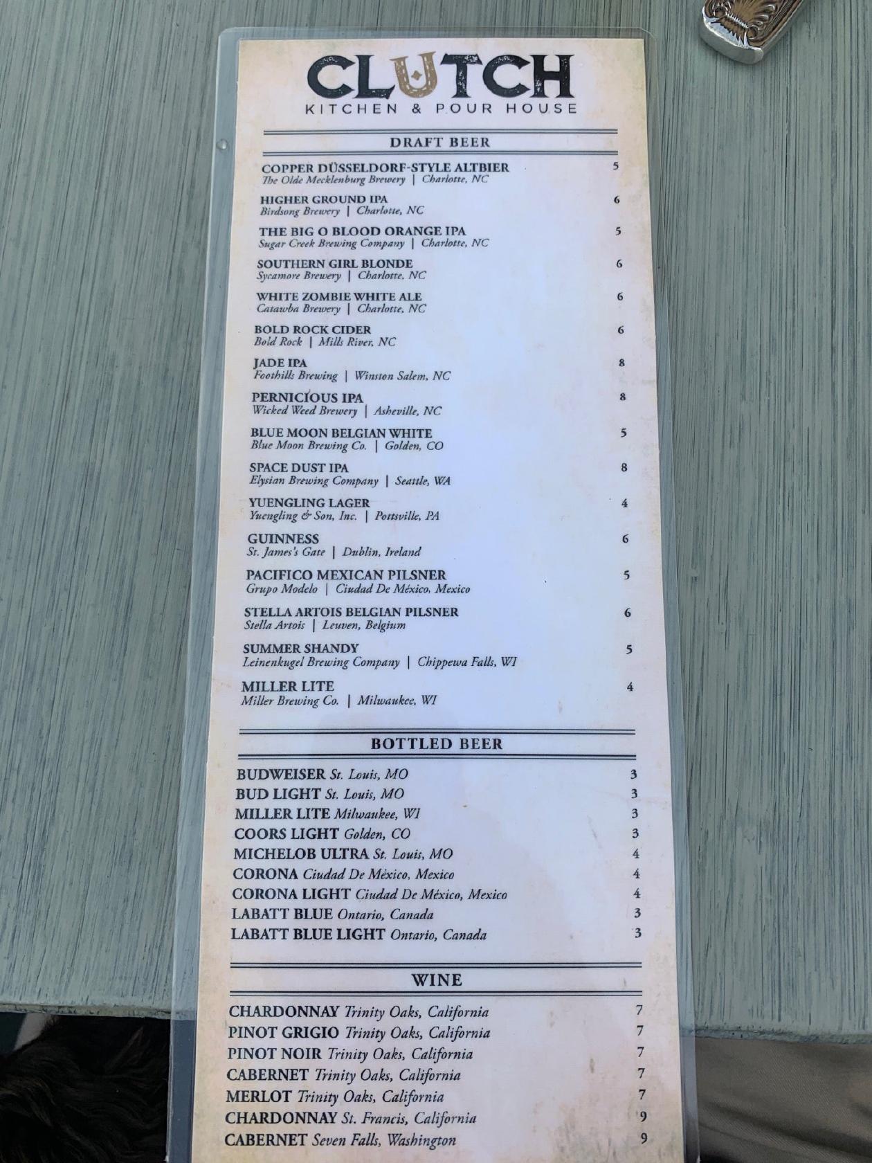Menu at Clutch Kitchen & Pour House pub & bar, Charlotte