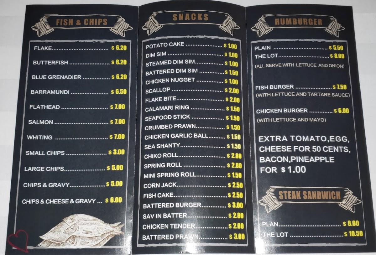 Menu at Parker's Fish&Chips restaurant, Warrnambool