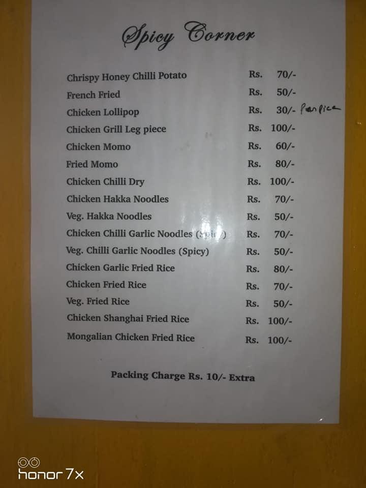 Menu at Spicy corner, Dimapur