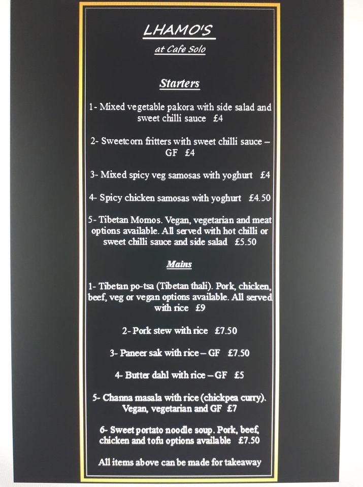 Menu at Cafe Solo, Hebden Bridge