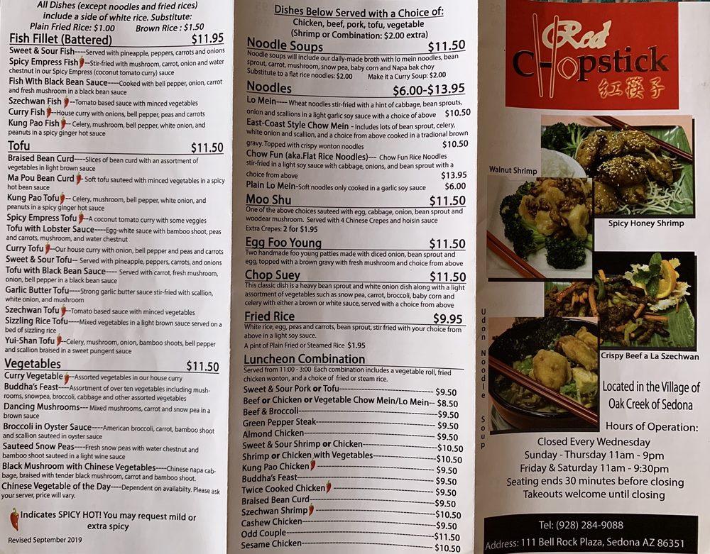 Menu at Red Chopstick restaurant, Sedona, 111 Bell Rock Plaza