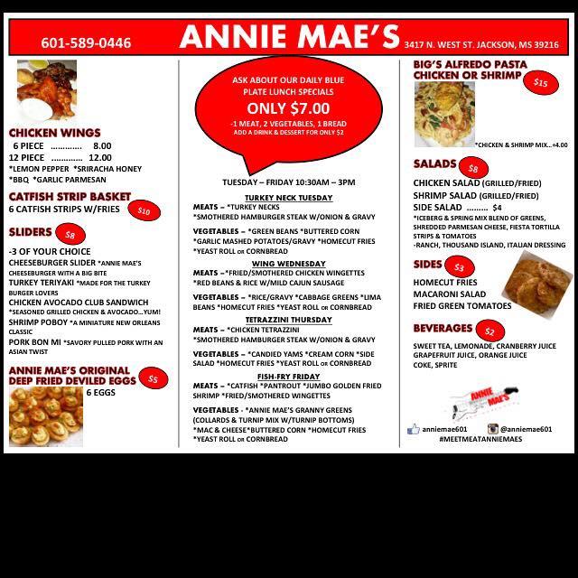 Menu at Annie Mae's restaurant, Jackson, Northwest St