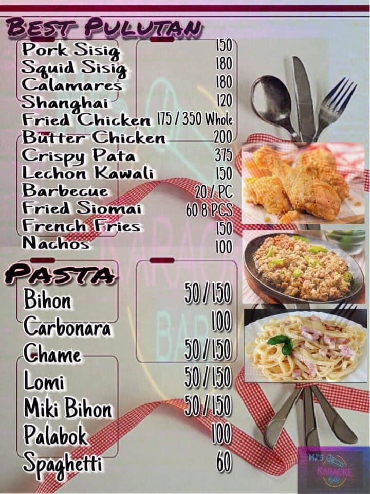 Menu at MJ's Karaoke Bar, Catanauan