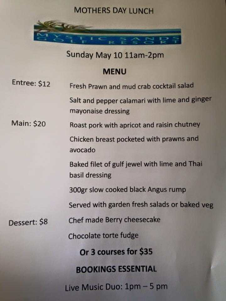 Menu at Mystic Sands Golf Resort club, Rollingstone