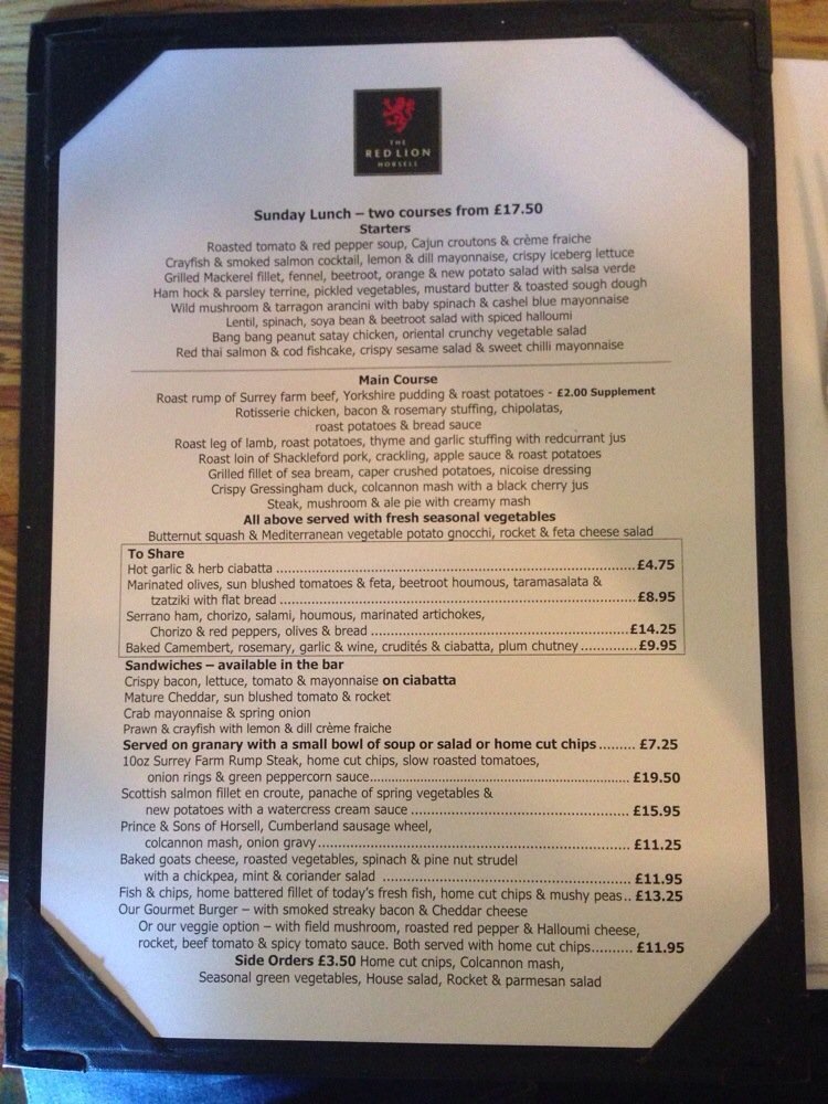 Menu at The Red Lion, Horsell pub & bar, Woking, 123 High St
