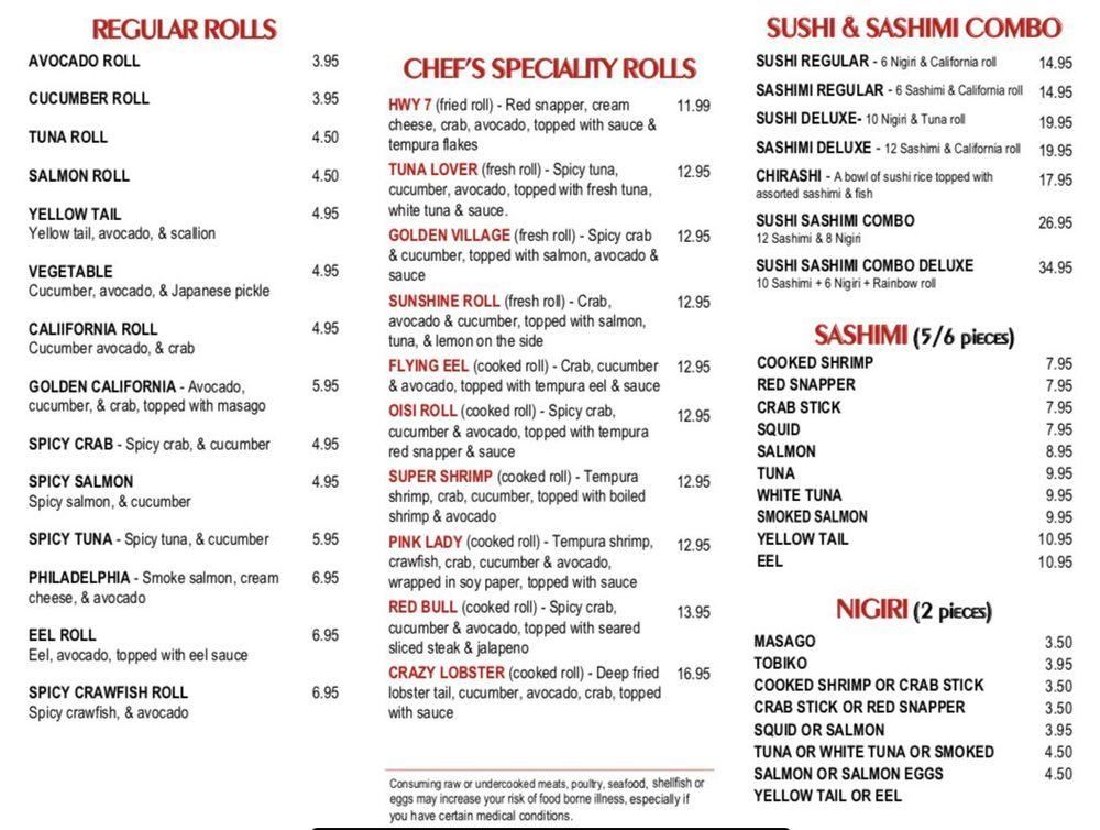Carta del restaurante Village Hibachi, Hot Springs Village, N State Hwy 7