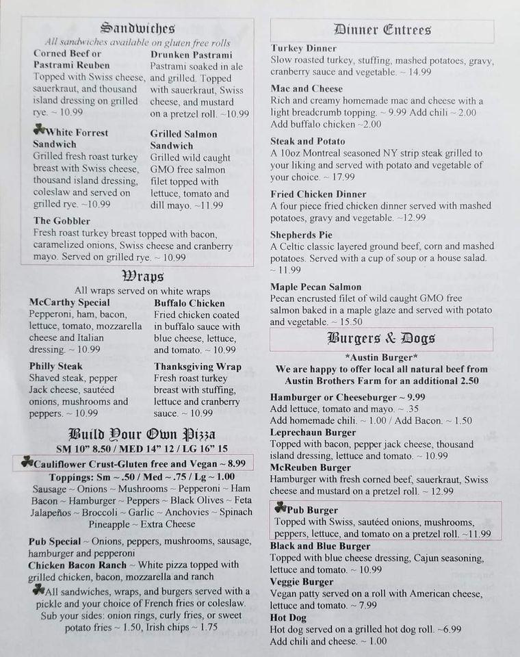 Menu at McCarthy's Pub, Belchertown