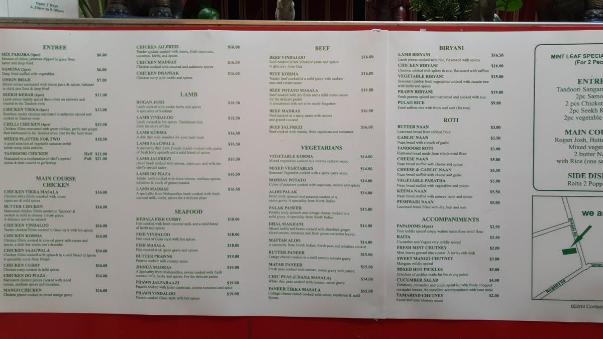 Menu at Mint Leaf Indian Takeaways restaurant, Auckland