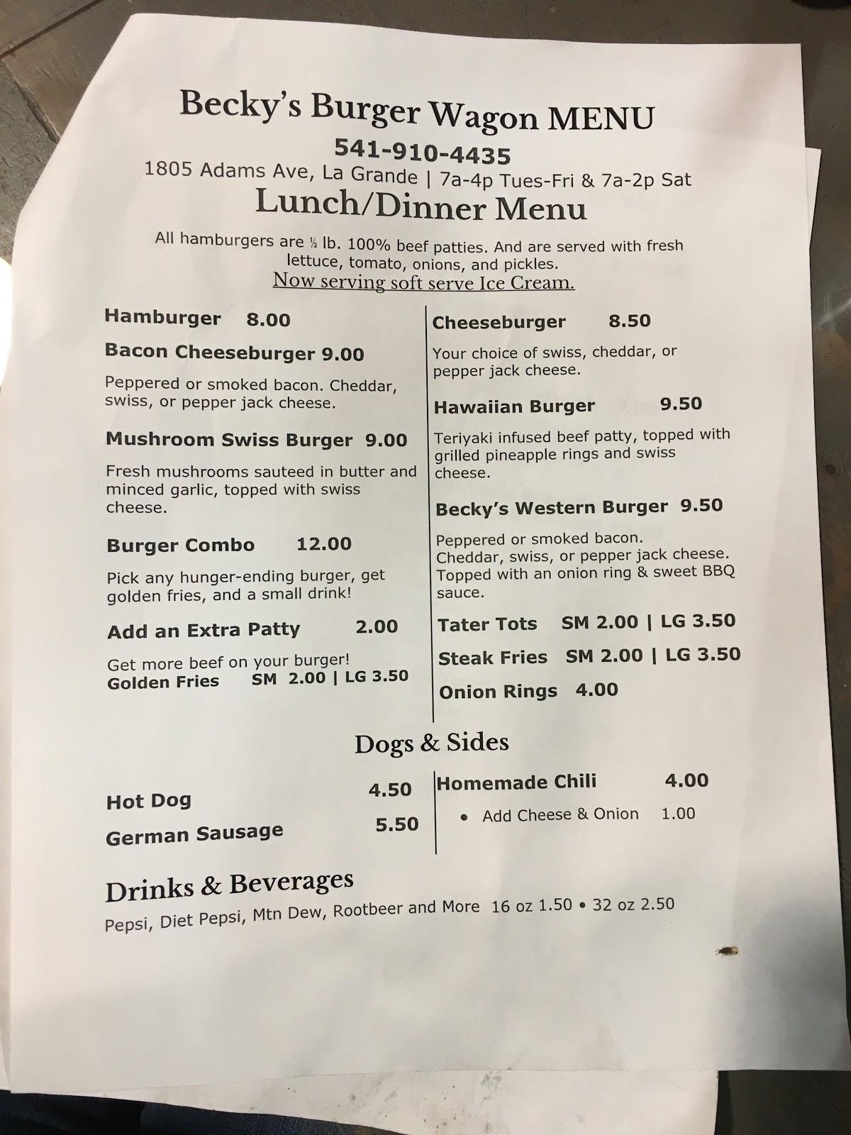 Menu at Becky's Burger Barn, La Grande