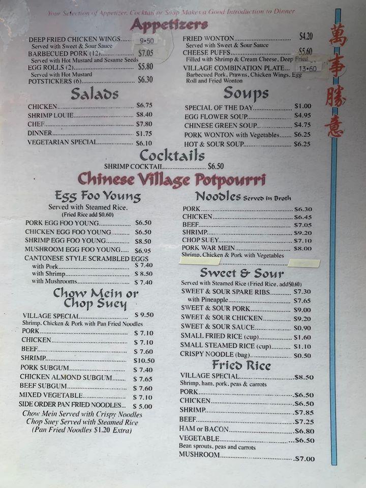 Menu at Chinese Village steakhouse, Aberdeen