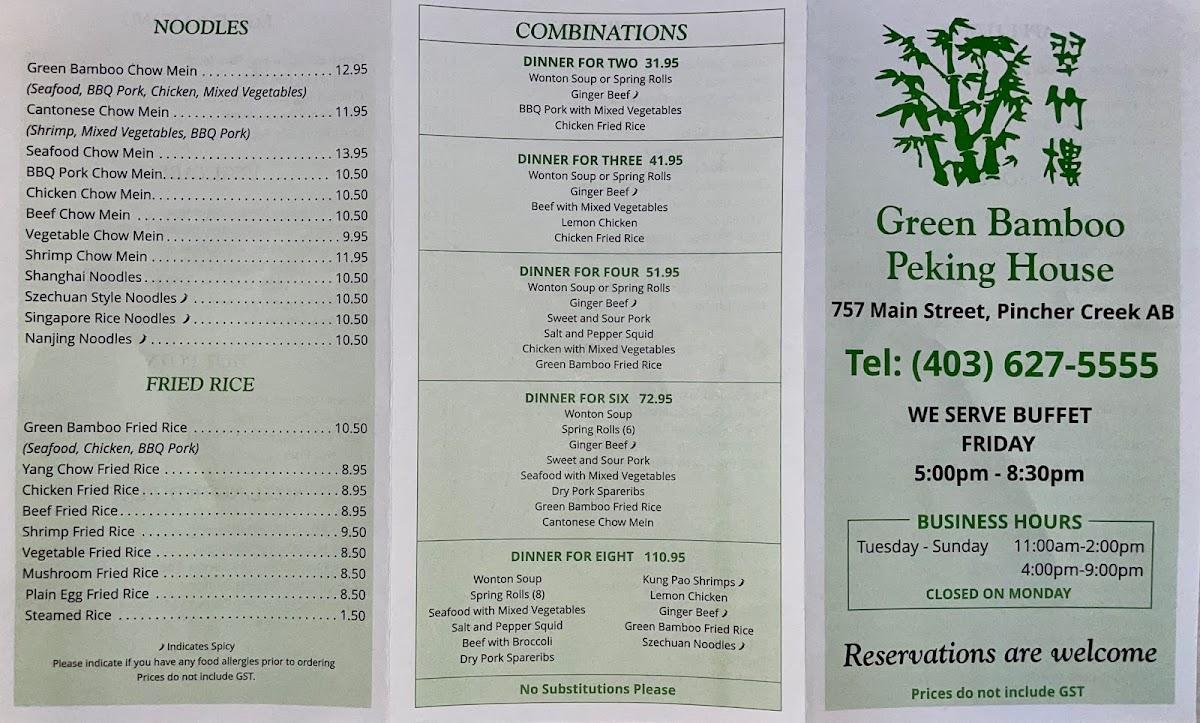 Menu at Green Bamboo Peking House restaurant, Pincher Creek