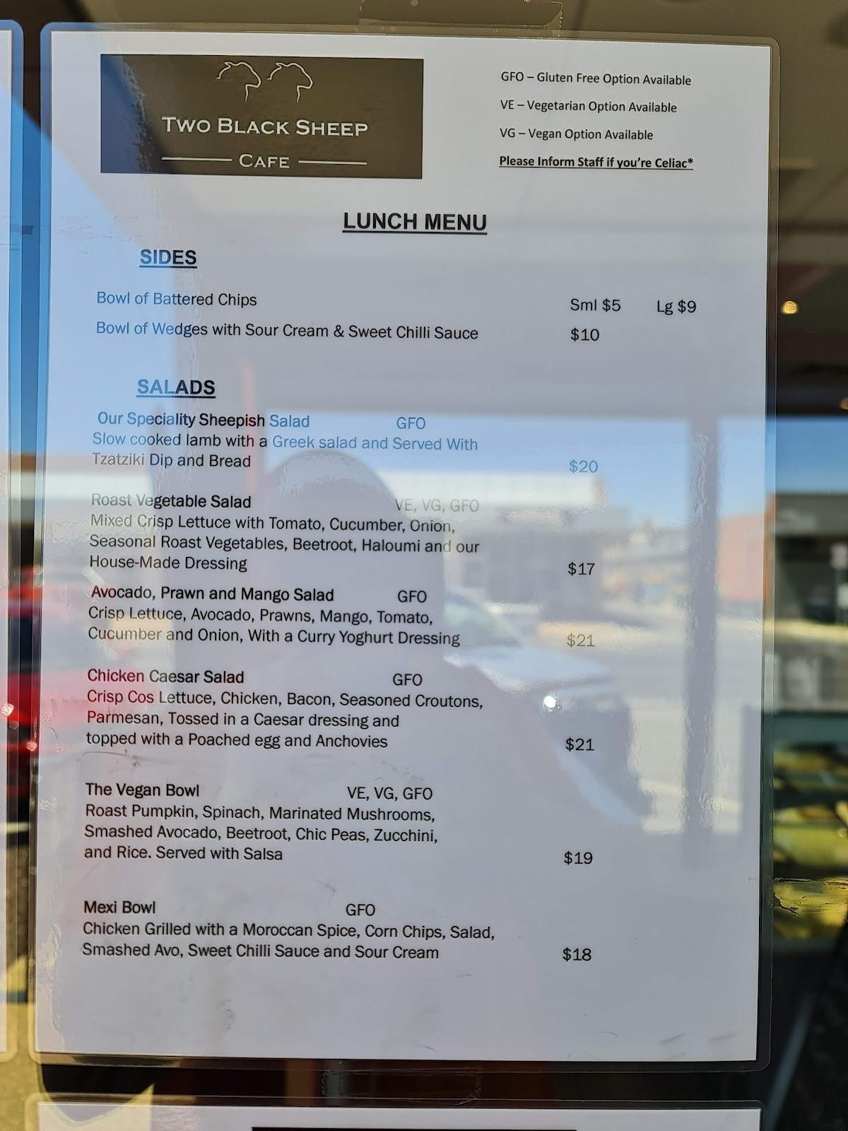 Menu at Two Black Sheep Cafe, Mildura