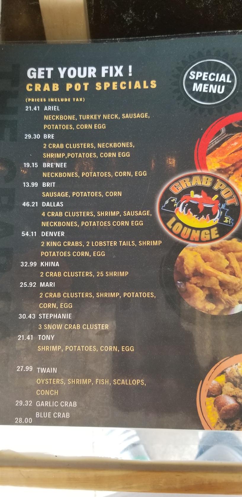 Menu at Crab Pot Lounge restaurant, College Park, Old National Hwy