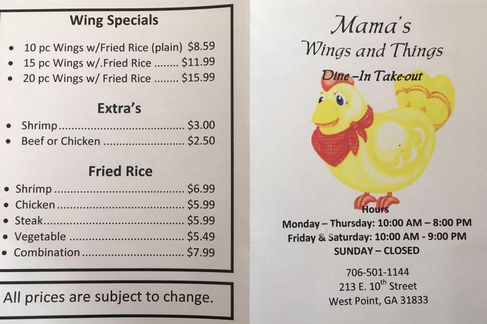 Menu at Mama’s Wings restaurant, West Point