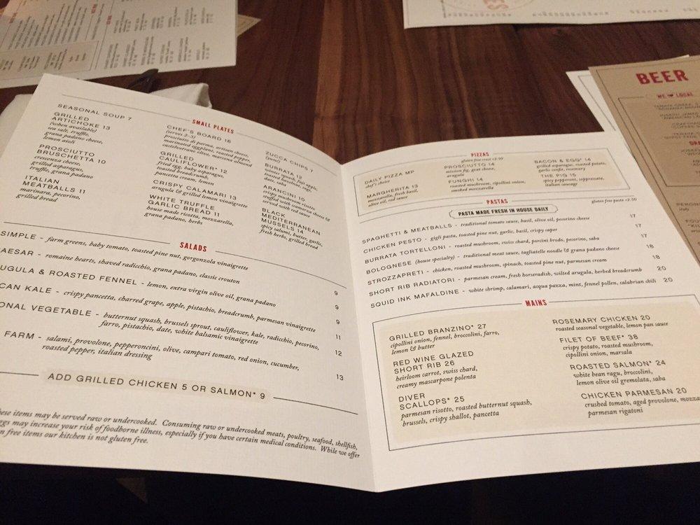 Menu at North Italia pub & bar, Las Vegas