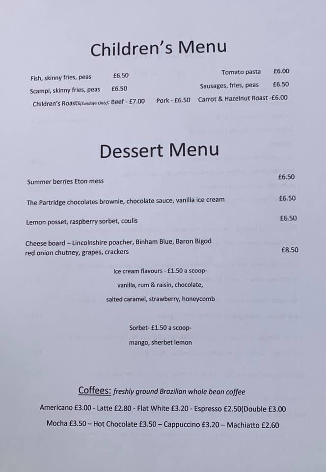 Menu at The Partridge restaurant, Terrington Saint Clement