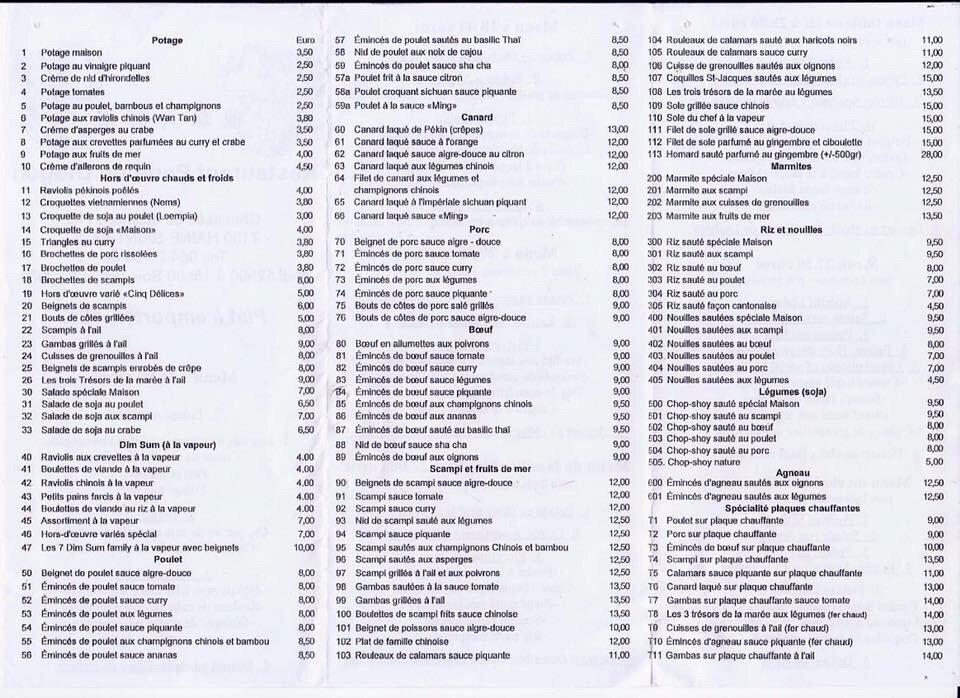 Menu au La Perle du Dragon, La Louvière