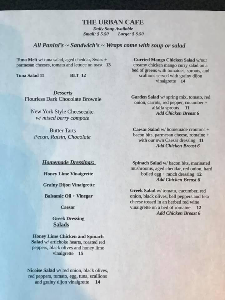 Menu au The Urban Cafe, North Bay