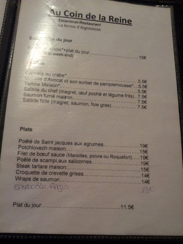 Menu au Au Coin De La Reine restaurant, Ennevelin