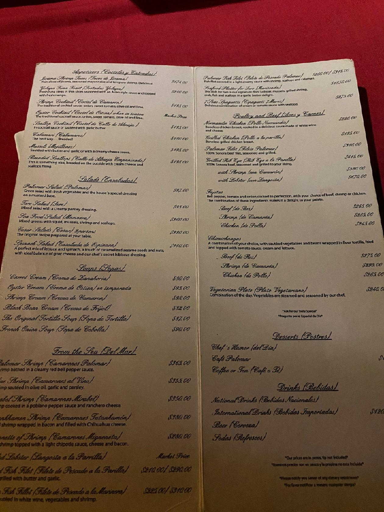 Menu at El Palomar De Los Gonzalez restaurant, Puerto Vallarta