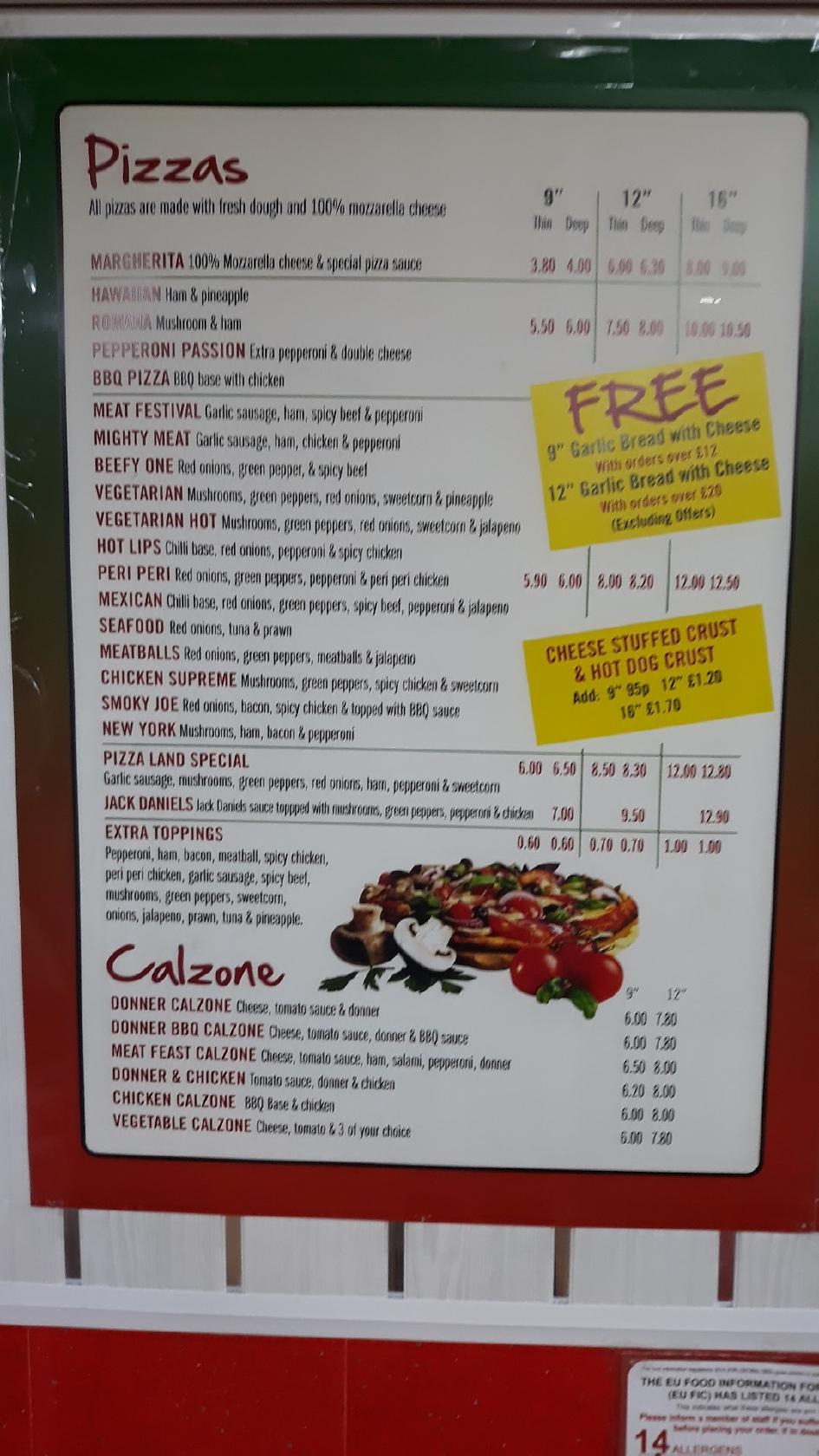 Menu at Pizza Land restaurant, Blackpool