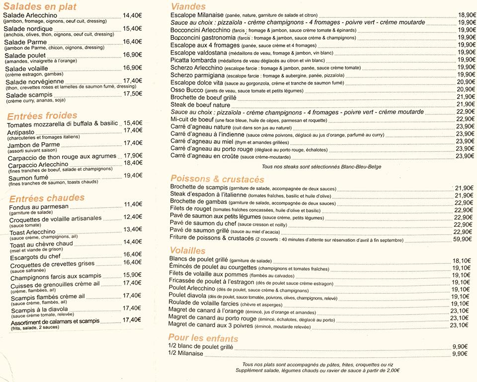 Menu at L'Arlecchino, Esneux, Av. de la Station 45