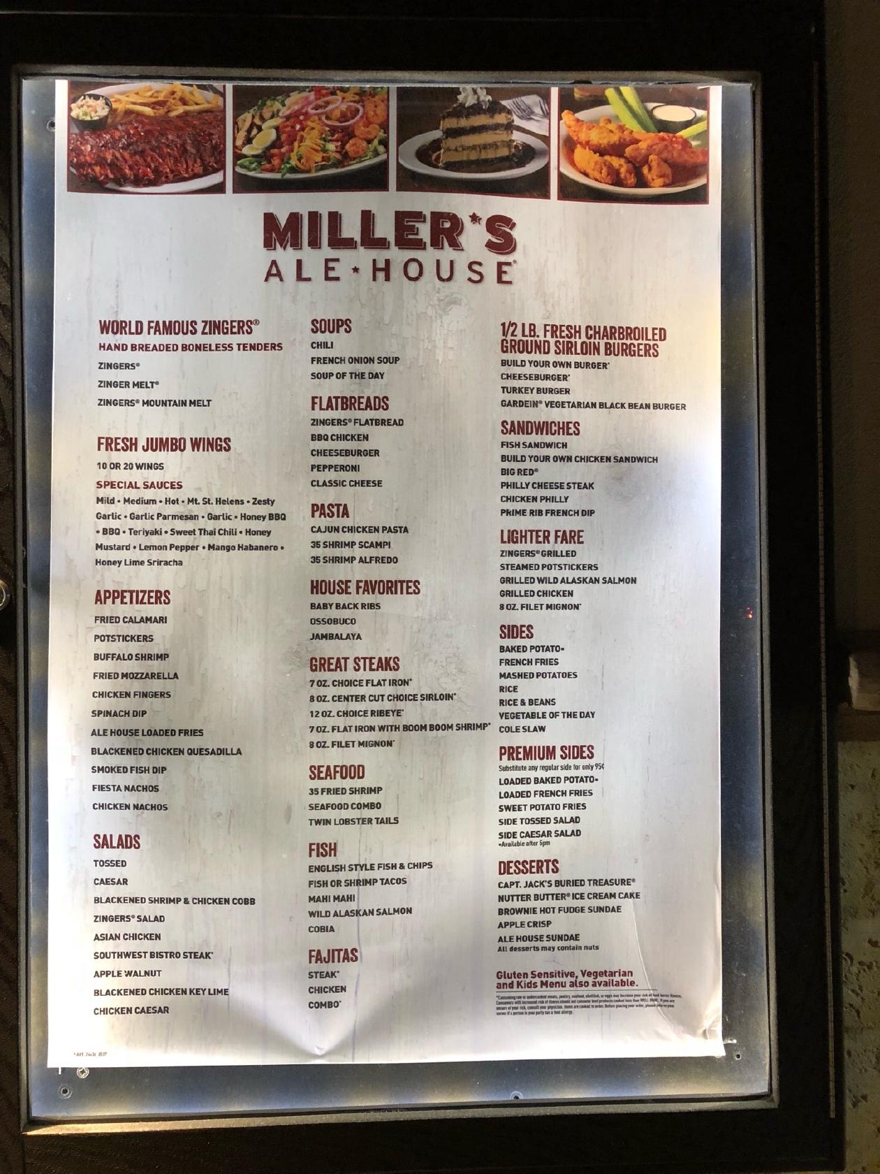 Menu at Miller's Ale House pub & bar, Seminole, 113th St
