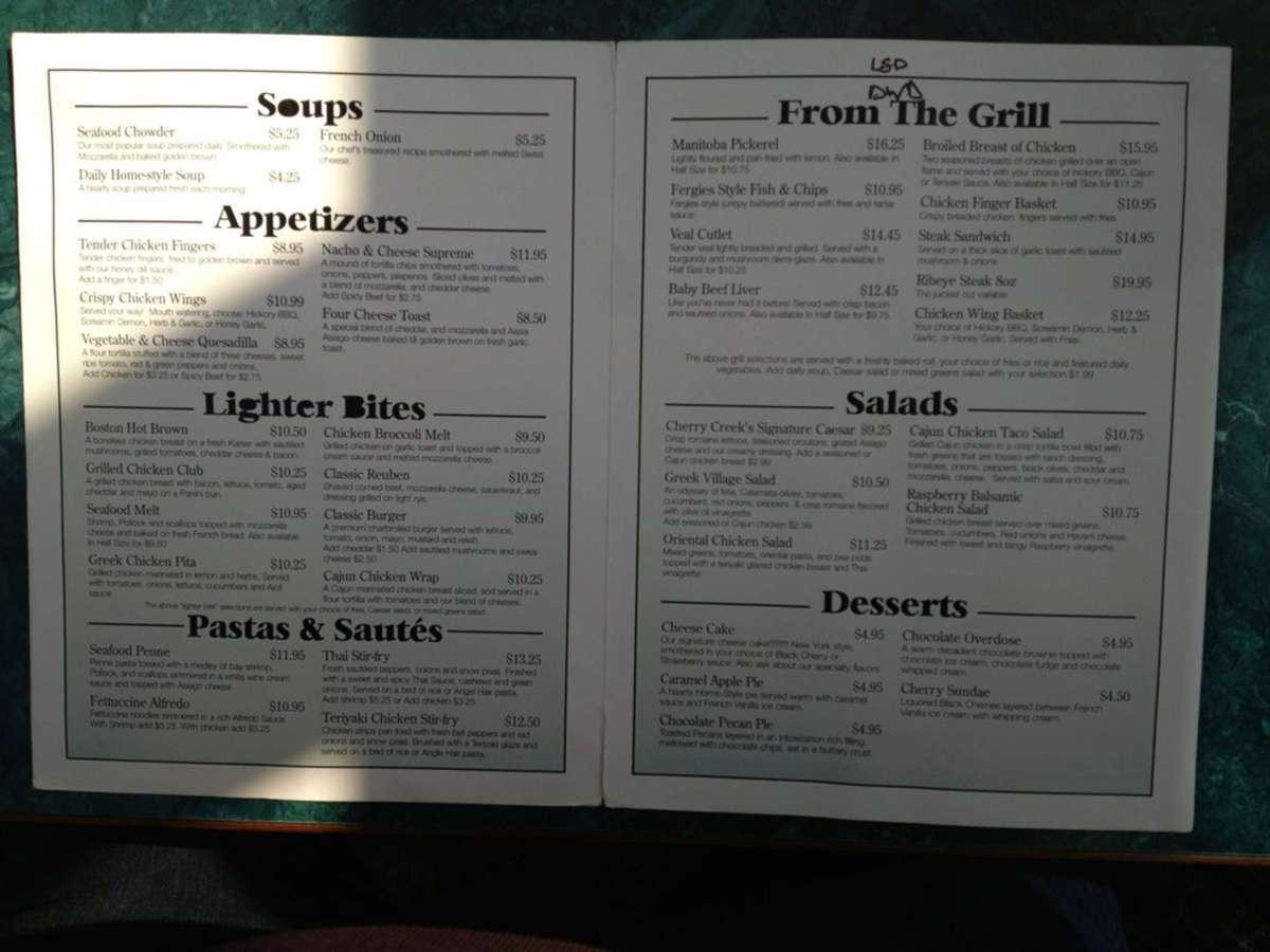 Menu at Cherry Creek Cafe, Winnipeg