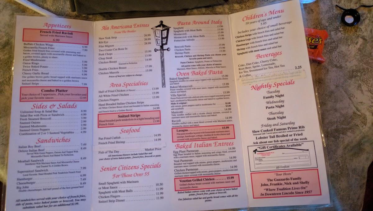 Menu at Guzzardo's Italian Villa restaurant, Lincoln