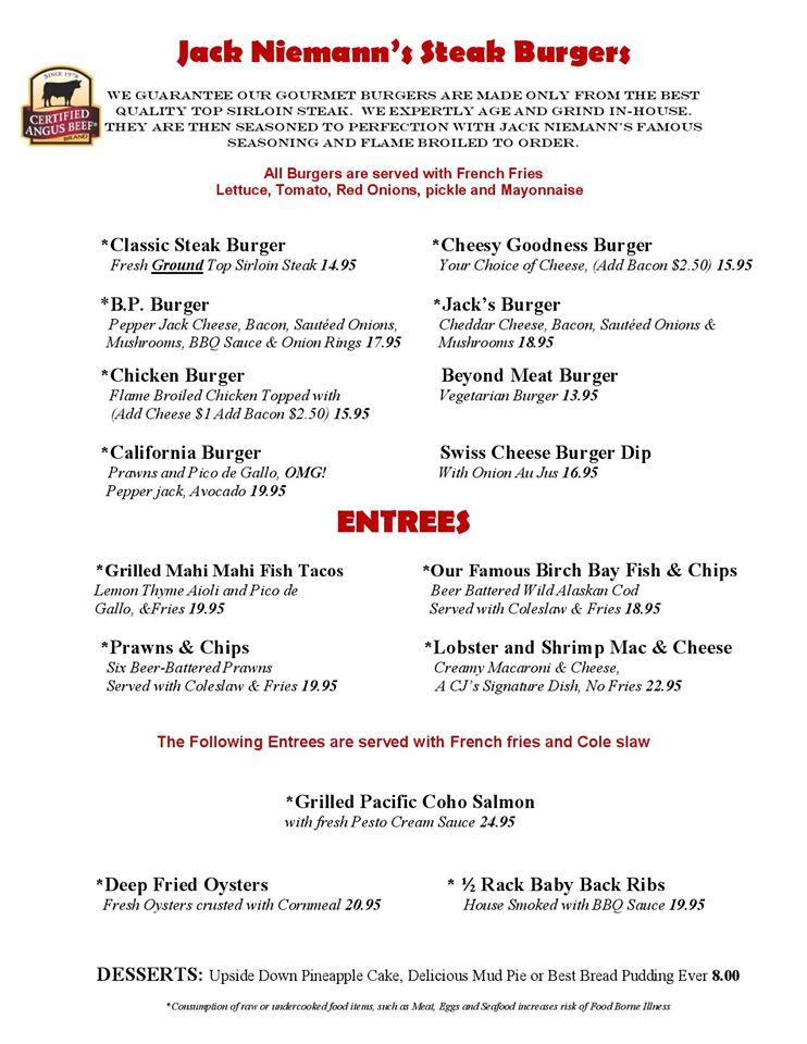 Menu at CJ's Beach House restaurant, Birch Bay