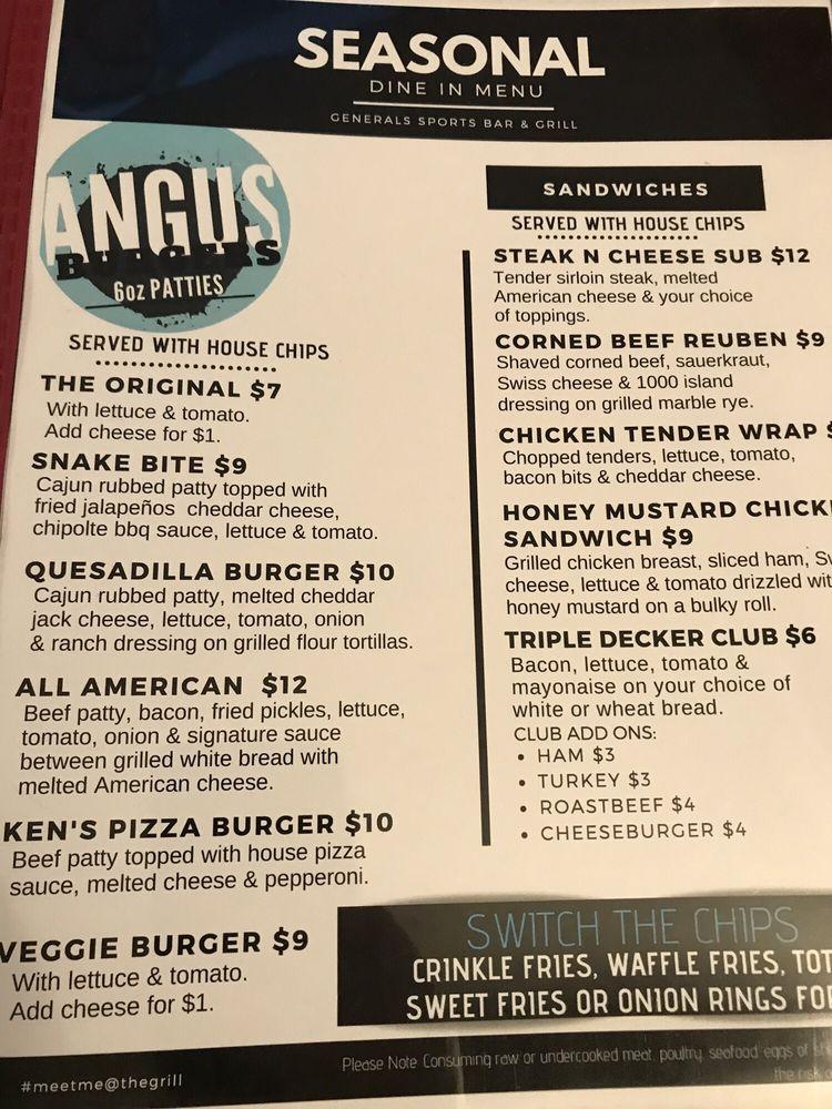 Menu at Generals Sports Bar and Grill, Weare