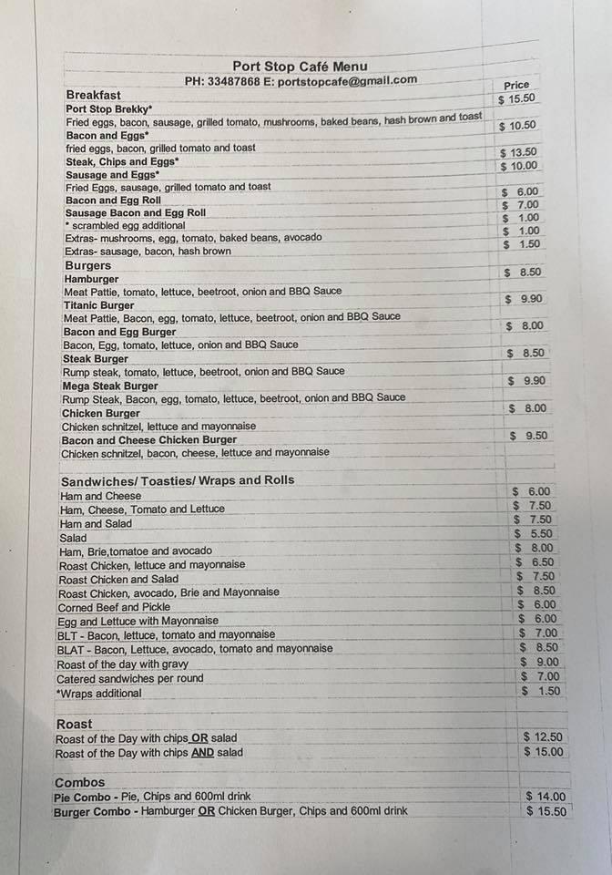 Menu at Port Stop Cafe, Lytton