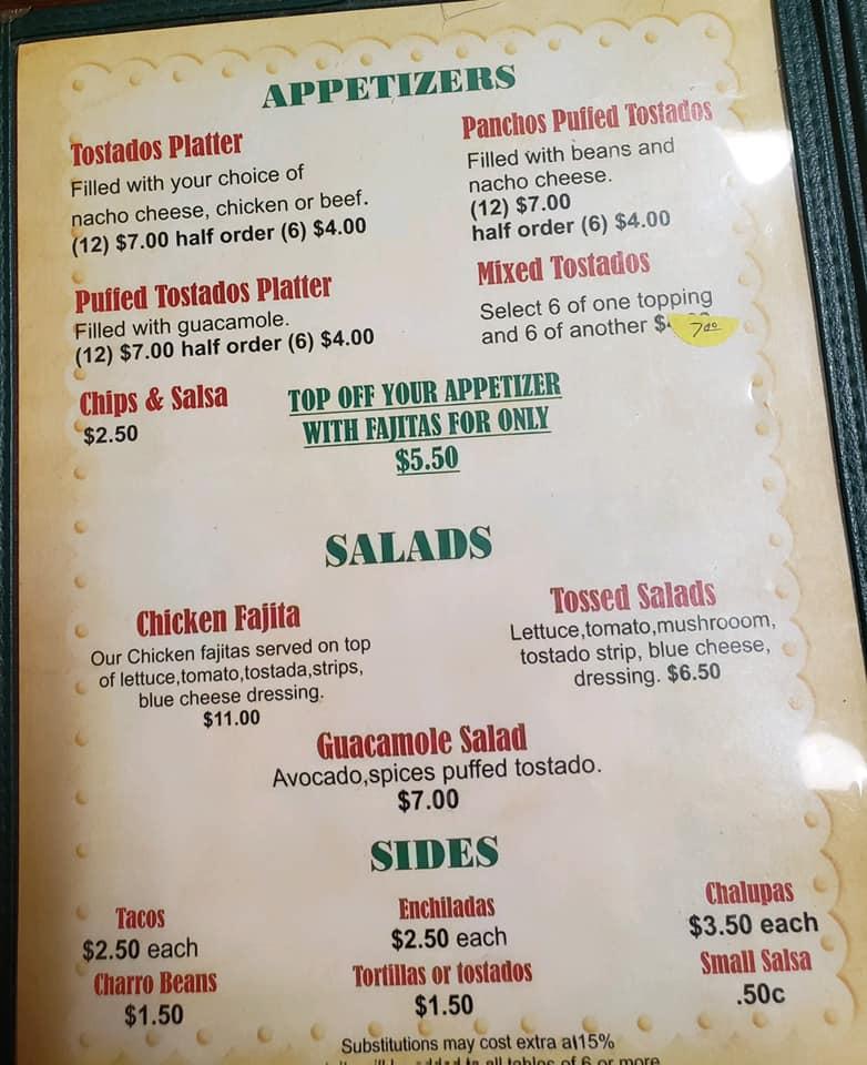 Menu at Caro's Mexican Restaurant, Rio Grande City