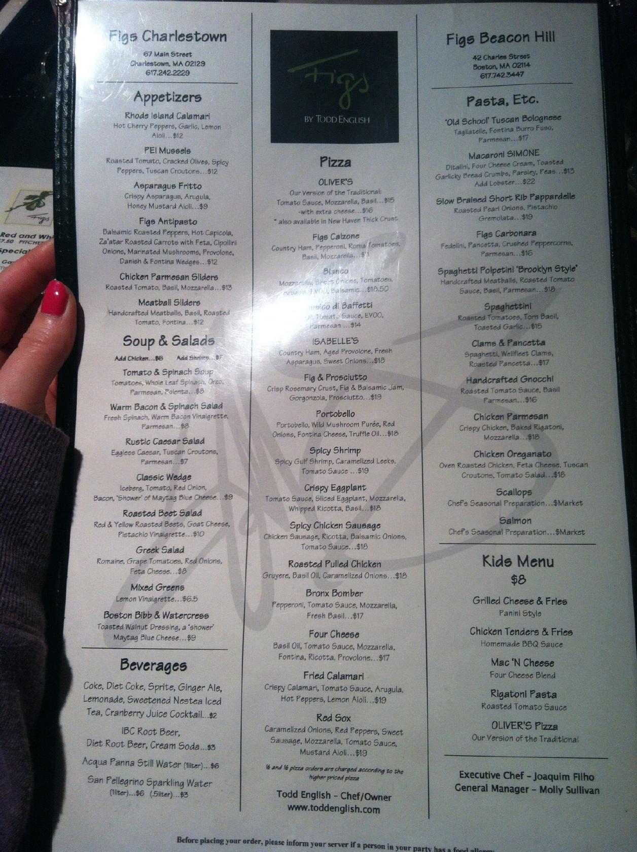 Menu at Figs pizzeria, Boston, 42 Charles St