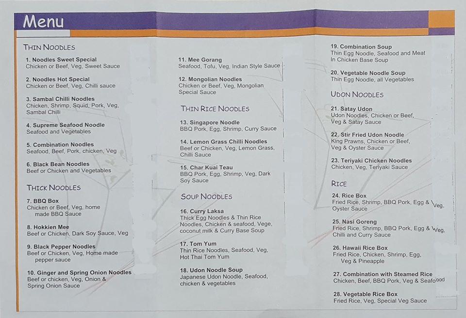 Menu at Noodle Tonight restaurant, Bairnsdale