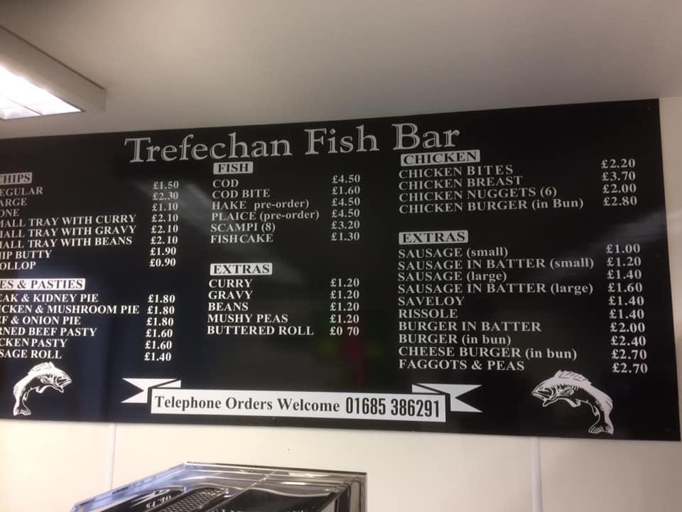 Menu at Trefechan Fish Bar, Merthyr Tydfil
