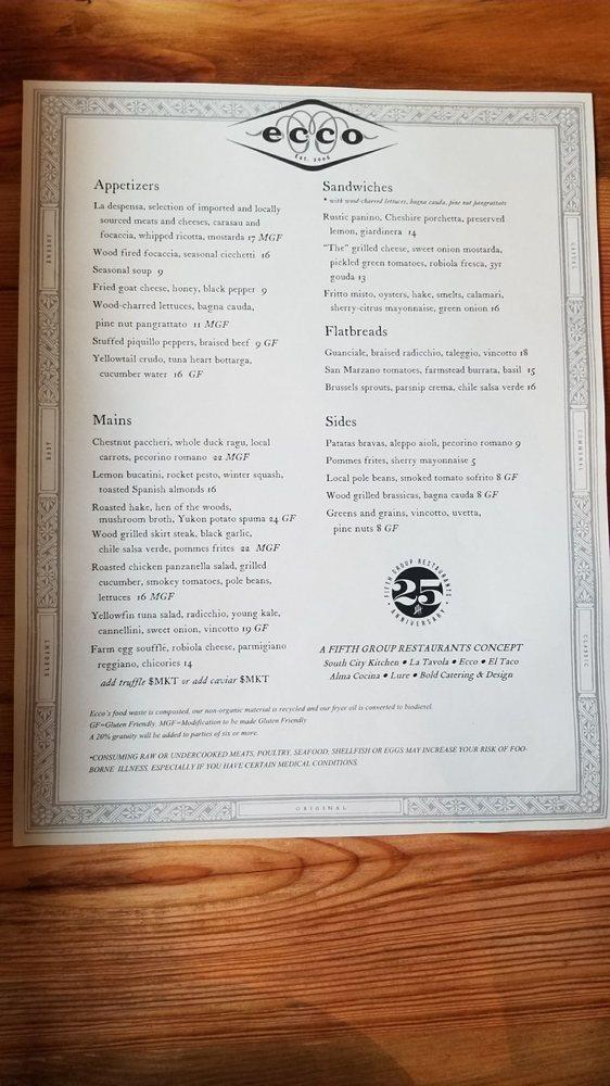 Menu at Ecco Buckhead restaurant, Atlanta, Peachtree Rd NE