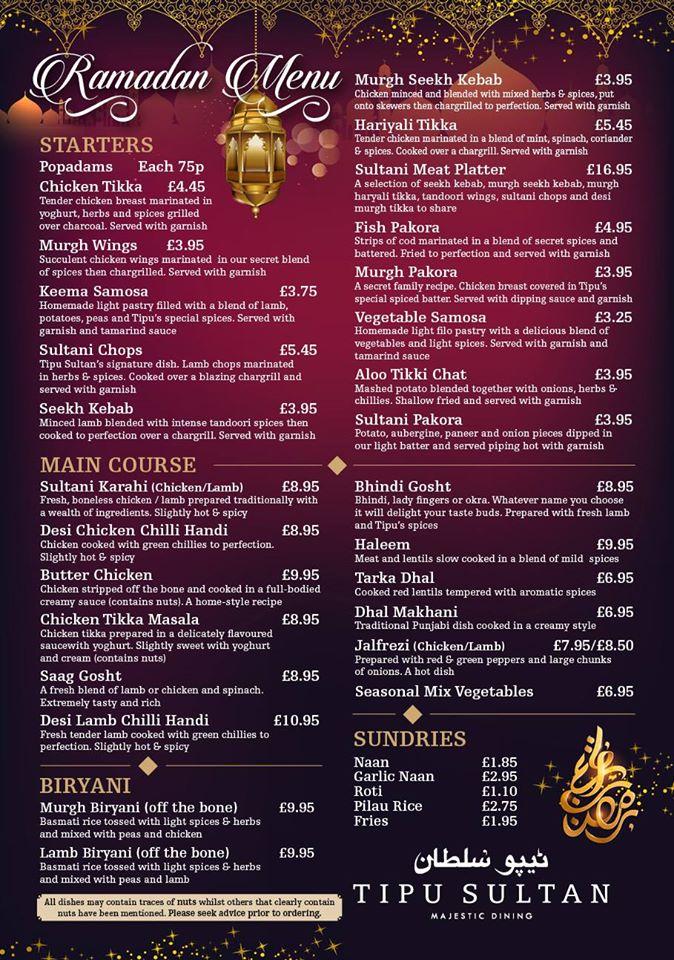 Menu at Tipu Sultan Restaurant, Leicester