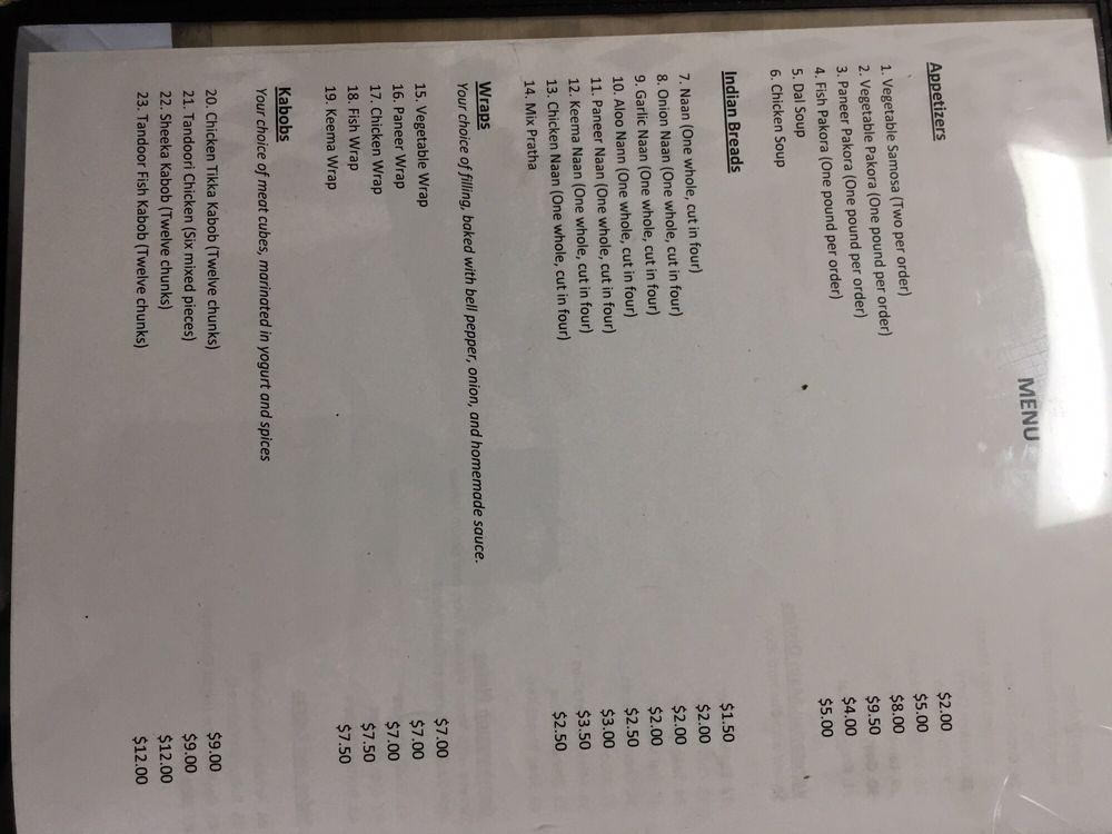 Menu at Sanji Rasoi Indian Cuisine restaurant, Yuba City