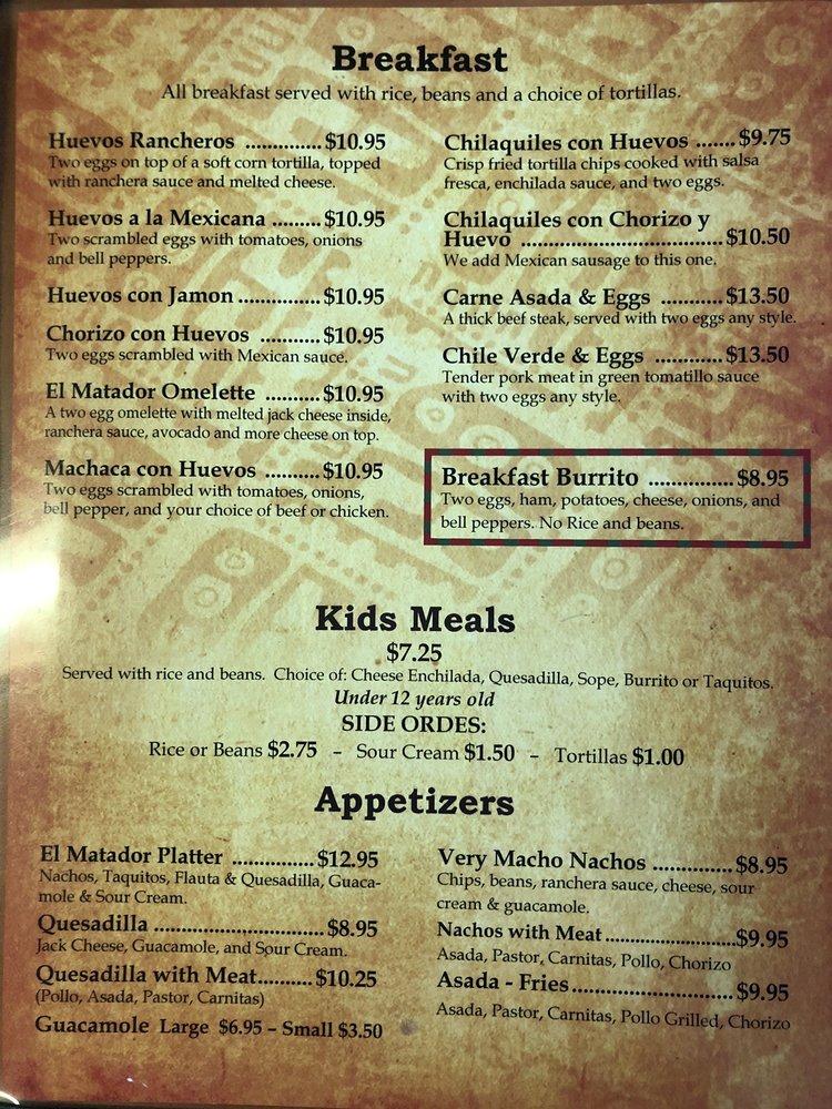 Menu at El Matador Authentic Mexican Food restaurant, Pasadena