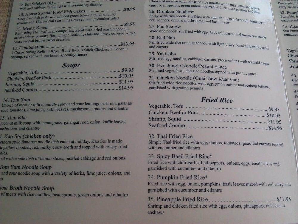 Menu at Thai Elephant restaurant, Kennewick