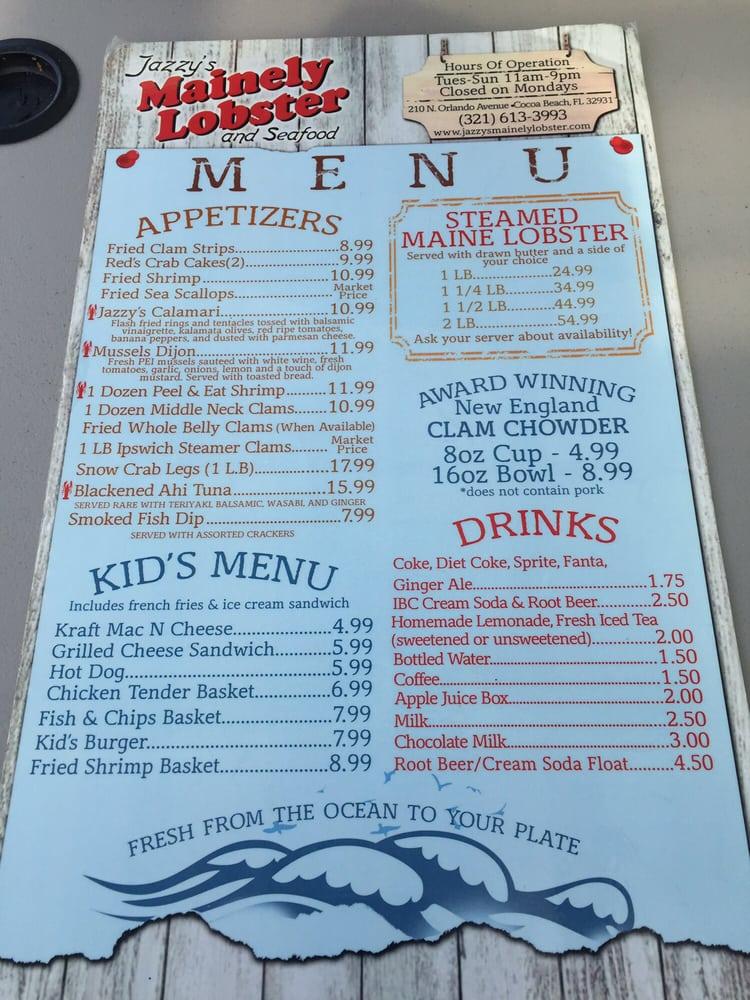 Menu at Jazzy's Mainely Lobster restaurant, Cocoa Beach