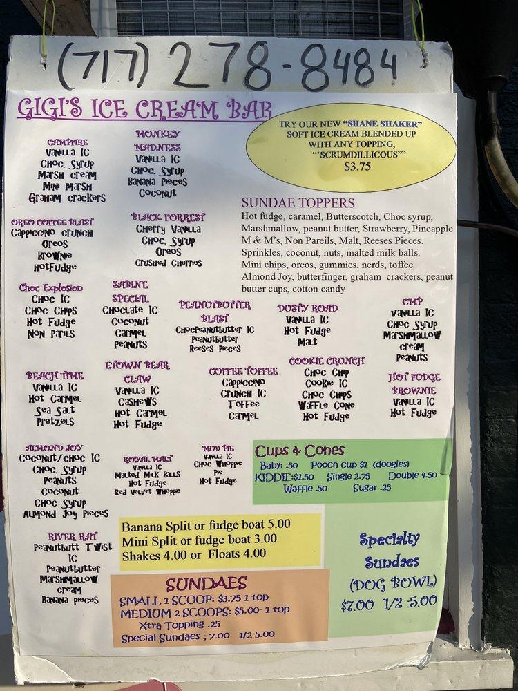 Carta de GiGi's Ice Cream Bar, Estados Unidos, 2 S 2nd St
