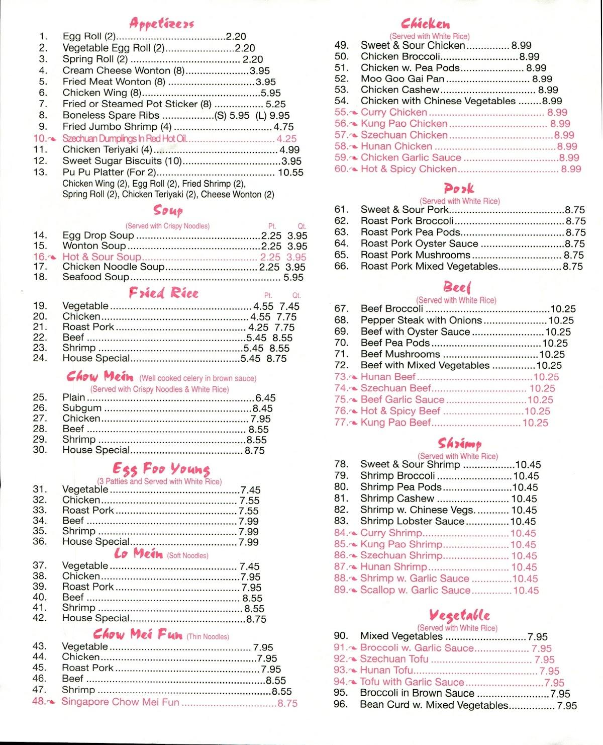 Menu at CHINA WOK restaurant, Rosemount