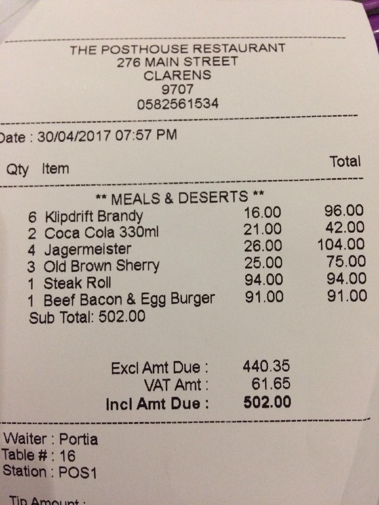 Menu at The Posthouse Restaurant, Clarens