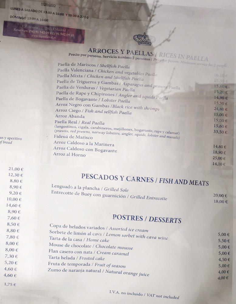 Menu at La Paella Real restaurant, Madrid